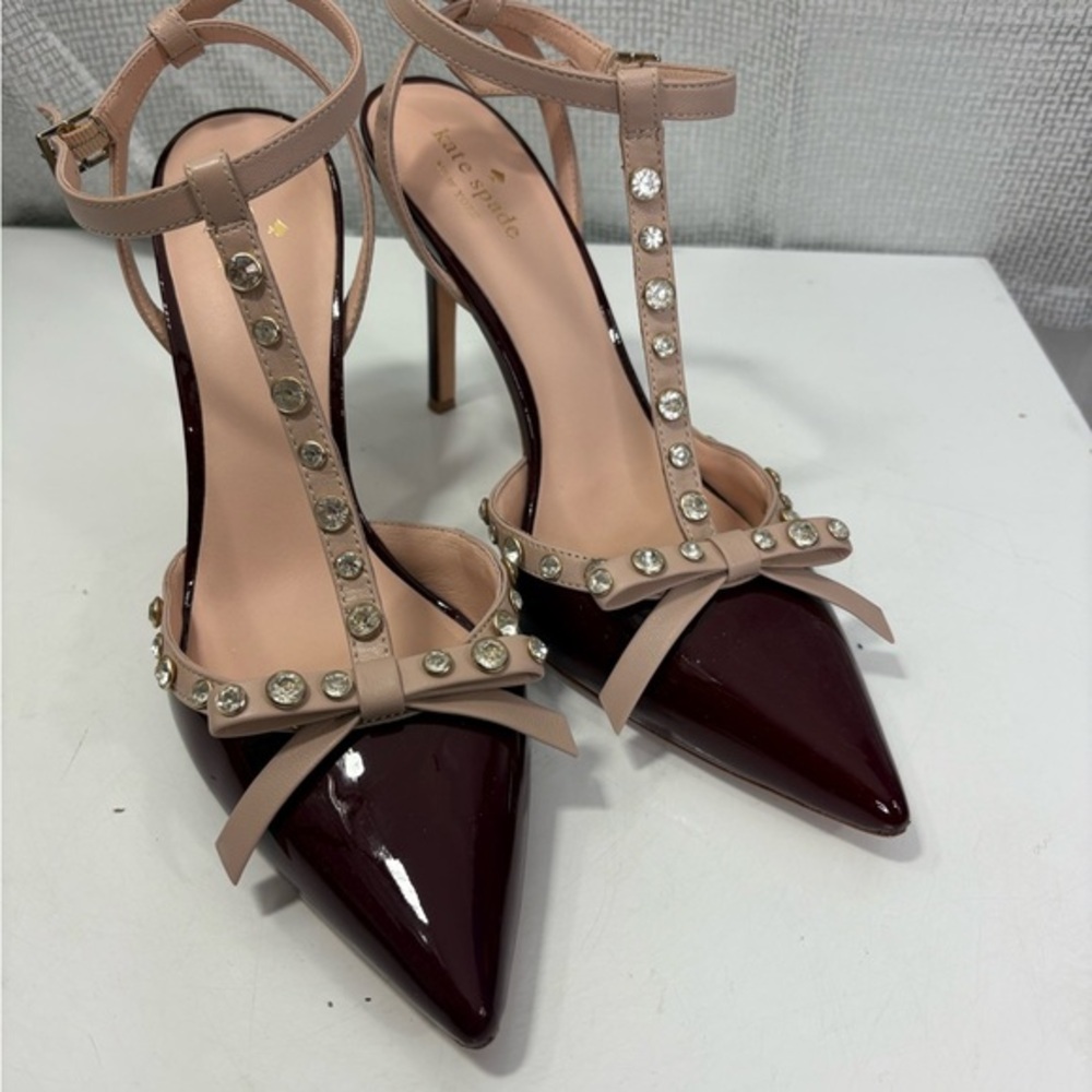 Kate Spade Cassandra Jewel Burgundy and Nude Patent Leather Studded Heels